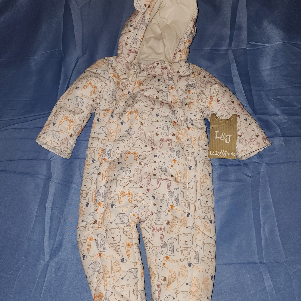 LILY & JACK BABY INFANT HOODED SNOWSUIT PRINT VARIOUS ANIMALS WHITE SZ 3-6 MONTH